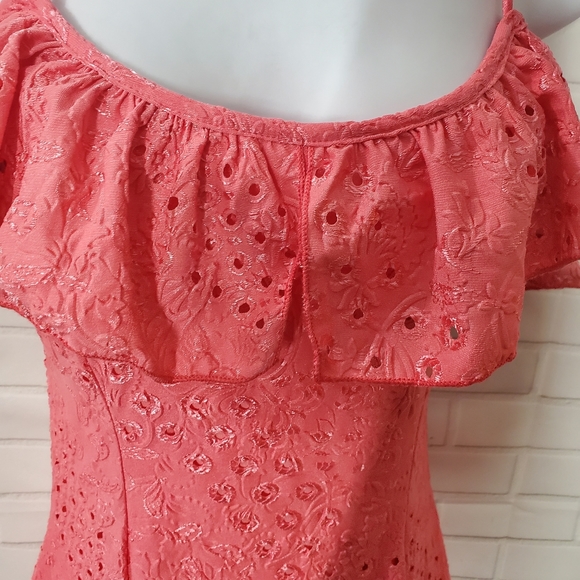 Easel Pink Peach Eyelet Shoulder Ruffle Dress - Picture 3 of 7